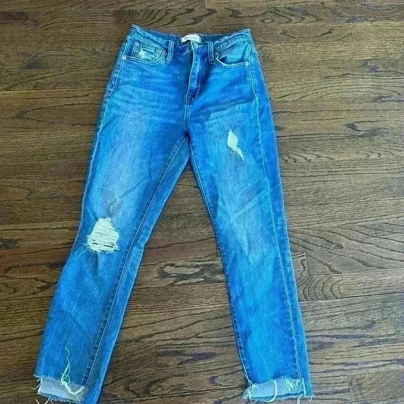 Madewell The Slim Boyjean Distressed Straight Leg Jeans Raw Hem Size 23 L0569 - Picture 1 of 15